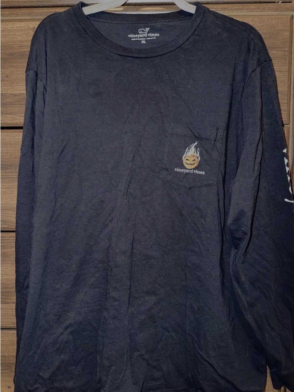 Vineyard Vines Men's Long-Sleeve Pocket Tee - Black with Pumpkin Halloween